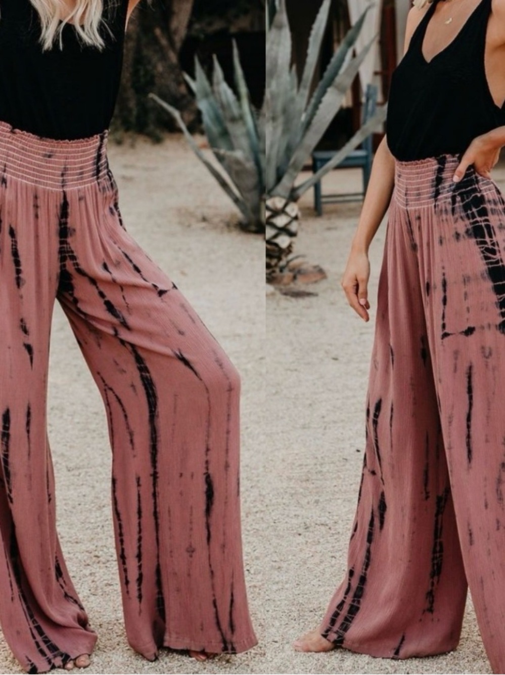 Chatoyant Tie Dye Palazzo Wide Leg Pants Boho Mauve Duty Rose Coastal Small S